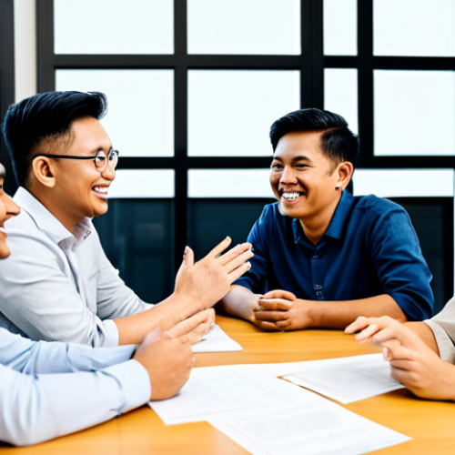 A diverse group of professional Malaysian individuals, aged 25-45, smiling and engaged in a collaborative discussion within a brightly lit, modern co-working space. They are dressed in fully clothed, modest, professional smart-casual attire. Some are gesturing while others listen attentively, fostering an atmosphere of mutual support and trust. The background features abstract representations of digital connections and a subtle network overlay, symbolizing strong community bonds. The scene is captured with professional photography, showcasing high-resolution detail, a warm color palette, and soft natural lighting. Perfect anatomy, correct proportions, natural poses, well-formed hands, proper finger count, natural body proportions. Safe for work, appropriate content, fully clothed, family-friendly.