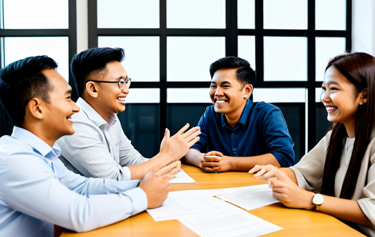 A diverse group of professional Malaysian individuals, aged 25-45, smiling and engaged in a collaborative discussion within a brightly lit, modern co-working space. They are dressed in fully clothed, modest, professional smart-casual attire. Some are gesturing while others listen attentively, fostering an atmosphere of mutual support and trust. The background features abstract representations of digital connections and a subtle network overlay, symbolizing strong community bonds. The scene is captured with professional photography, showcasing high-resolution detail, a warm color palette, and soft natural lighting. Perfect anatomy, correct proportions, natural poses, well-formed hands, proper finger count, natural body proportions. Safe for work, appropriate content, fully clothed, family-friendly.