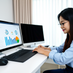 A professional Malaysian female digital marketer, fully clothed in a modest, contemporary business casual outfit, sitting comfortably at a clean, modern desk in a well-lit home office. She is focused on her laptop screen, which displays a content creation dashboard, with a smartphone and a notebook beside her. A subtle AI interface element might be visible on her screen, suggesting data analysis or content generation assistance. The background shows hints of a cozy, organized Malaysian living space. safe for work, appropriate content, fully clothed, professional dress, perfect anatomy, correct proportions, natural pose, well-formed hands, proper finger count, natural body proportions, professional photography, high quality image.