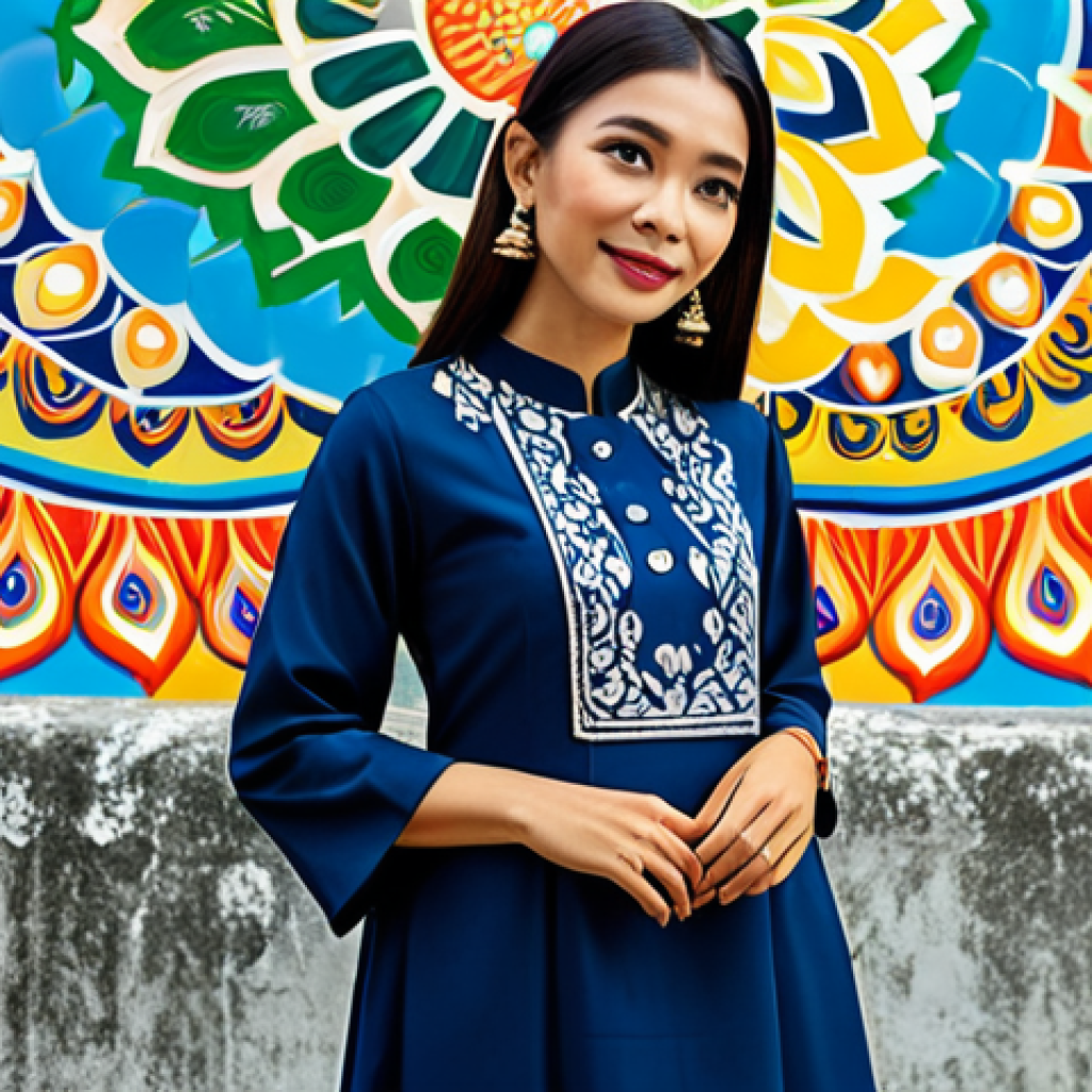 Modern Malaysian Fashion Influencer**

A professional female fashion influencer, fully clothed in a modern, modest baju kurung (Malaysian traditional dress), standing in front of a vibrant mural art piece in Georgetown, Penang. Natural lighting, perfect anatomy, well-formed hands, appropriate attire, safe for work, modest, family-friendly, high resolution.

**