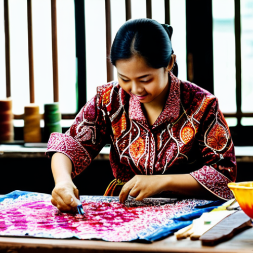 Modern Batik Workshop**

"A vibrant batik workshop in Kuala Lumpur, featuring artisans in fully clothed, traditional batik attire, creating intricate patterns on fabric. The workshop is brightly lit with natural light, showcasing colorful dyes and tools. Safe for work, appropriate content, professional setting, perfect anatomy, natural pose, high quality."

**