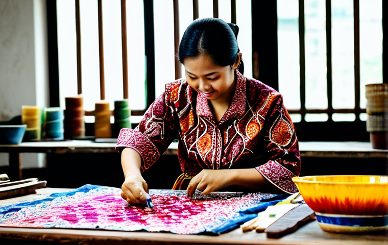 Modern Batik Workshop**

"A vibrant batik workshop in Kuala Lumpur, featuring artisans in fully clothed, traditional batik attire, creating intricate patterns on fabric. The workshop is brightly lit with natural light, showcasing colorful dyes and tools. Safe for work, appropriate content, professional setting, perfect anatomy, natural pose, high quality."

**