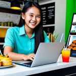 **Image:** A young Malaysian woman smiling and working on her laptop at a modern cafe in Kuala Lumpur. She's surrounded by colorful drinks and pastries, showcasing the flexibility of running a digital reselling business.
    **Prompt:** "A vibrant scene of a young Malaysian entrepreneur working on her laptop at a stylish cafe in Kuala Lumpur. She's surrounded by colorful drinks and local pastries like kuih. The focus is on her happy and engaged expression, emphasizing the freedom and flexibility of running a digital reselling business. 'Selamat Datang' sign in the background, indicating a friendly atmosphere. Focus on a modern, professional yet approachable vibe. Safe for work, appropriate content, fully clothed, modest, family-friendly, perfect anatomy, correct proportions, natural pose, well-formed hands, proper finger count, natural body proportions, professional photography, high quality."