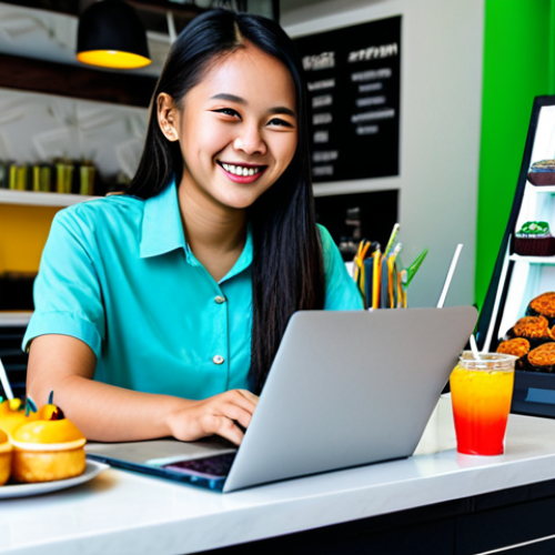 **Image:** A young Malaysian woman smiling and working on her laptop at a modern cafe in Kuala Lumpur. She's surrounded by colorful drinks and pastries, showcasing the flexibility of running a digital reselling business.
    **Prompt:** "A vibrant scene of a young Malaysian entrepreneur working on her laptop at a stylish cafe in Kuala Lumpur. She's surrounded by colorful drinks and local pastries like kuih. The focus is on her happy and engaged expression, emphasizing the freedom and flexibility of running a digital reselling business. 'Selamat Datang' sign in the background, indicating a friendly atmosphere. Focus on a modern, professional yet approachable vibe. Safe for work, appropriate content, fully clothed, modest, family-friendly, perfect anatomy, correct proportions, natural pose, well-formed hands, proper finger count, natural body proportions, professional photography, high quality."