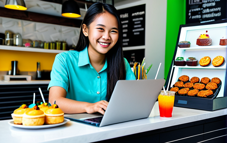 **Image:** A young Malaysian woman smiling and working on her laptop at a modern cafe in Kuala Lumpur. She's surrounded by colorful drinks and pastries, showcasing the flexibility of running a digital reselling business.
    **Prompt:** "A vibrant scene of a young Malaysian entrepreneur working on her laptop at a stylish cafe in Kuala Lumpur. She's surrounded by colorful drinks and local pastries like kuih. The focus is on her happy and engaged expression, emphasizing the freedom and flexibility of running a digital reselling business. 'Selamat Datang' sign in the background, indicating a friendly atmosphere. Focus on a modern, professional yet approachable vibe. Safe for work, appropriate content, fully clothed, modest, family-friendly, perfect anatomy, correct proportions, natural pose, well-formed hands, proper finger count, natural body proportions, professional photography, high quality."