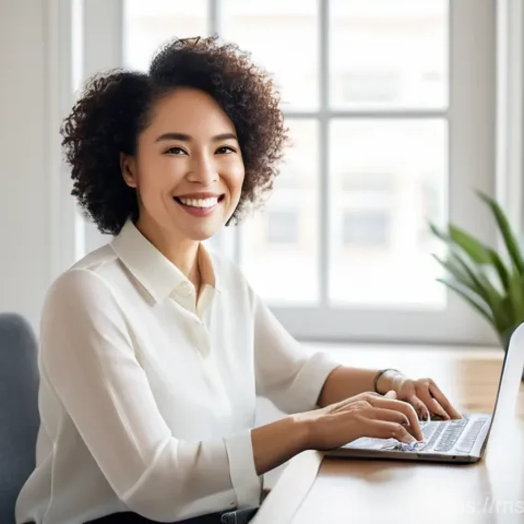 온라인 코칭 비즈니스 - **Prompt:** A dynamic, high-resolution photograph of a female online business coach, of diverse Asia...